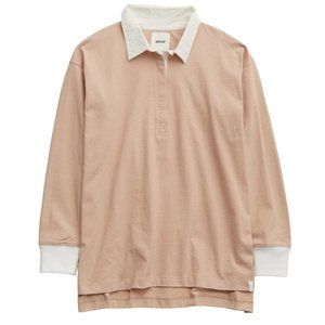 aerie Long Sleeve Oversized Polo Shirt, tan